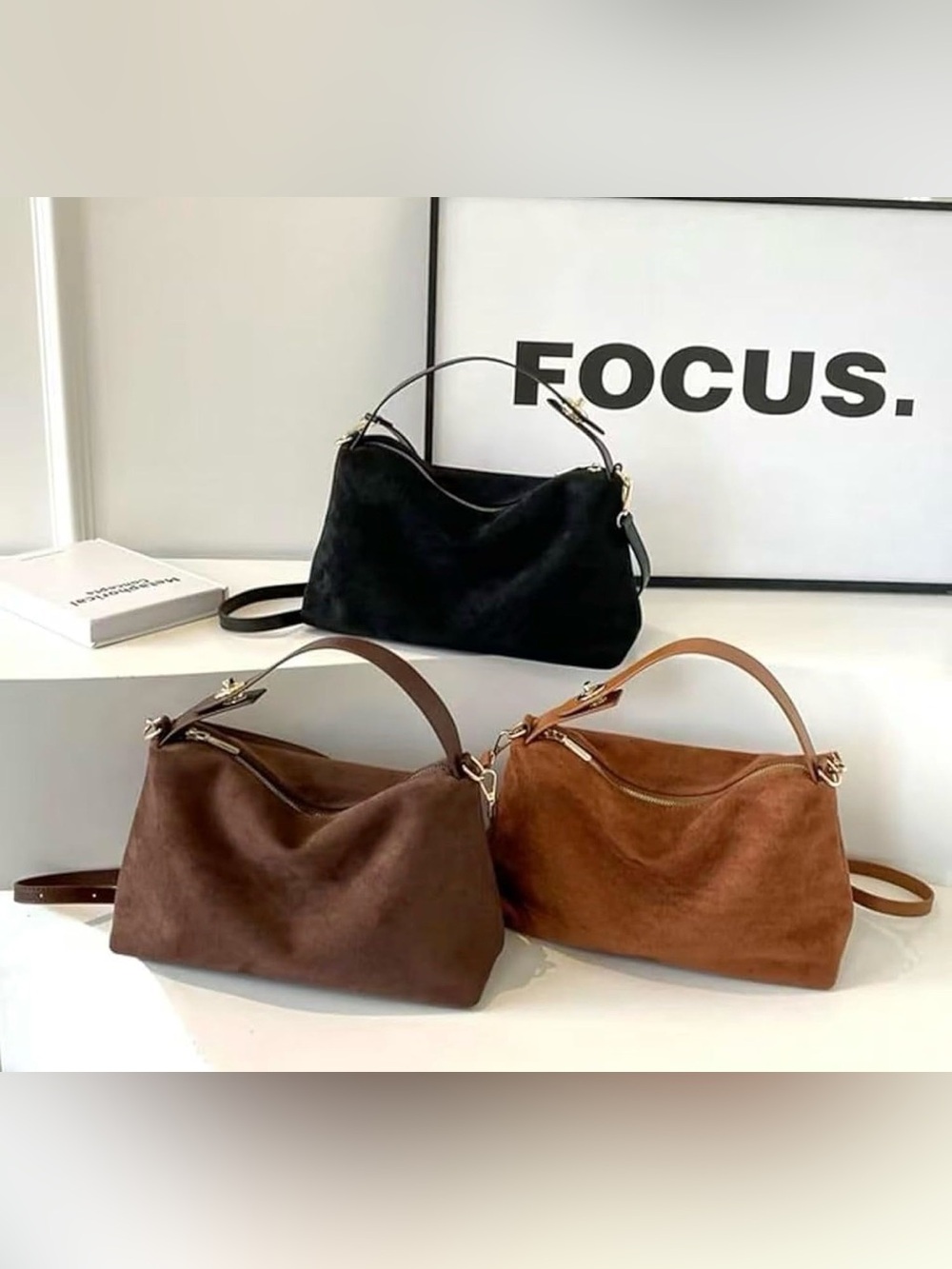 Women's Brown Faux Suede Hobo Bag - Classic Shoulder Style - Picture 6 of 12